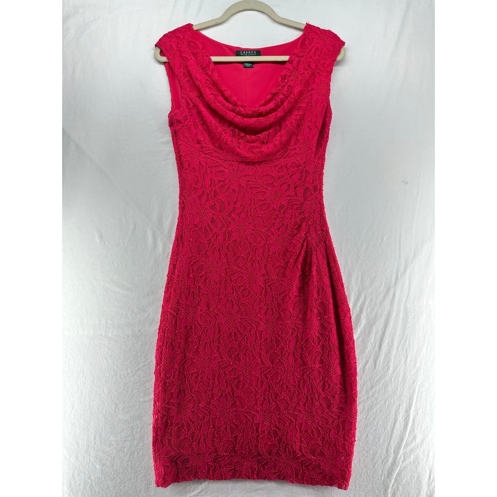 Lauren Ralph Lauren Red Lace‎ Cowl Neck Sheath Dress Womens Size 6